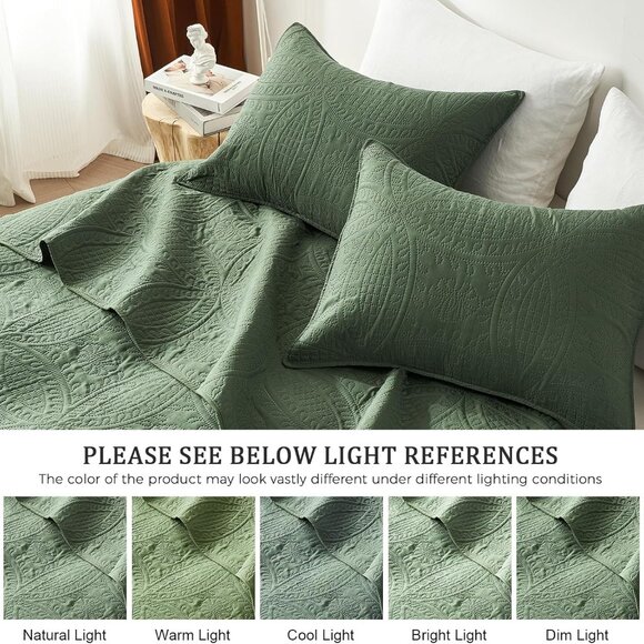 NEW! 3 Piece Queen Quilt Bedding Set,Olive Green Ultrasonic Full/Queen Quilt Set - Picture 6 of 7